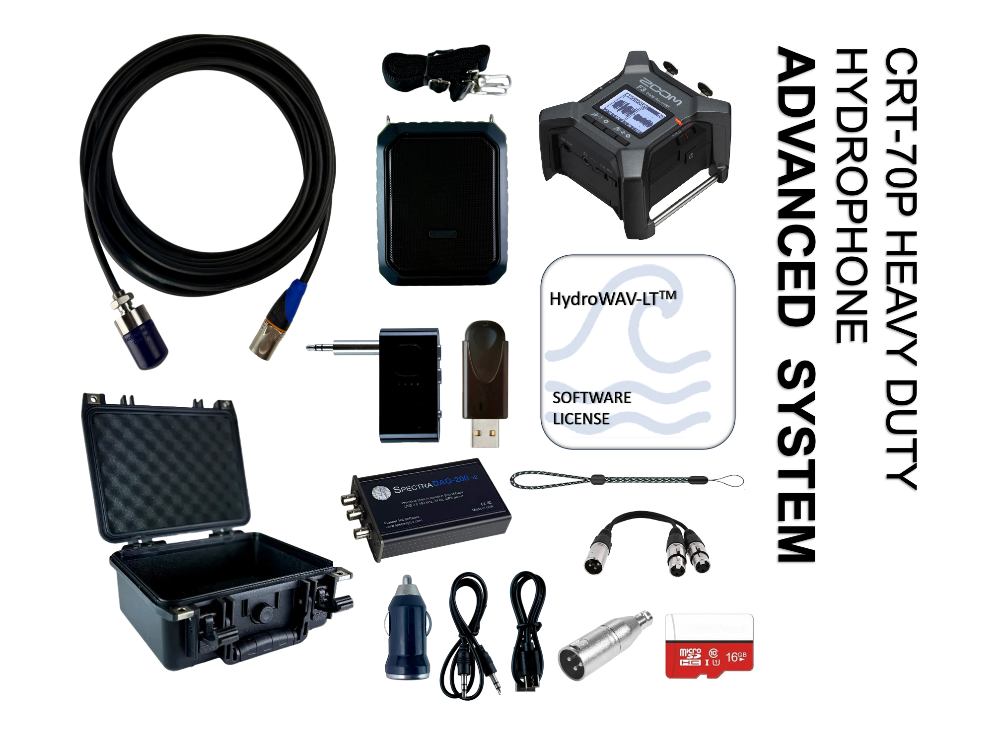 CRT-70P Heavy Duty Hydrophone advanced System photo with hydrophone, zoom f3 recorder, rugged water blocked kevlar reinforced polyurethane cable, preamplifier, microsd memory card, hard shell waterproof storage case, bluetooth transmitter, cables, safety wrist lanyard, 12v charger block, spectradaq-200 data acquisition sound card, hydrowav-lt software analysis