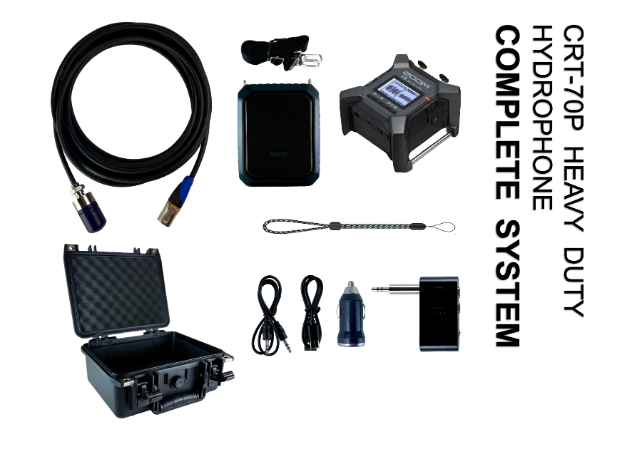 CRT-70P Heavy Duty Hydrophone complete System photo with hydrophone, zoom f3 recorder, rugged water blocked kevlar reinforced polyurethane cable, preamplifier, microsd memory card, hard shell waterproof storage case, bluetooth transmitter, cables, safety wrist lanyard, 12v charger block