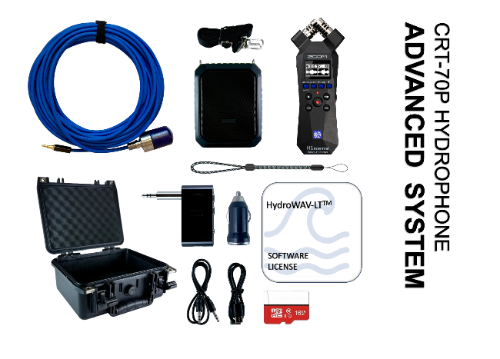 CRT-70P hydrophone advanced system for product page, with hydrophone and rugged blue integral water blocked kevlar reinforced polyurethane cable, preamplifier, zoom h1essential 32-bit 96khz sample rate  recorder, splash-resistant 18 watt bluetooth speaker, hardshell waterproof storage case, bluetooth transmitter, adapter and patch cables, safety wrist lanyard, 12v charger block, hydrowav-lt software, zoom h1e interface