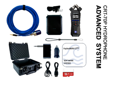CRT-70P hydrophone advanced system for product page, with hydrophone and rugged blue integral water blocked kevlar reinforced polyurethane cable, preamplifier, zoom h1essential 32-bit 96khz sample rate  recorder, splash-resistant 18 watt bluetooth speaker, hardshell waterproof storage case, bluetooth transmitter, adapter and patch cables, safety wrist lanyard, 12v charger block, hydrowav-lt software, zoom h1e interface