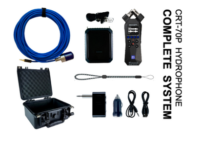 CRT-70P hydrophone complete system for product page, with hydrophone and rugged blue integral water blocked kevlar reinforced polyurethane cable, preamplifier, zoom h1essential 32-bit 96khz sample rate  recorder, splash-resistant 18 watt bluetooth speaker, hardshell waterproof storage case, bluetooth transmitter, adapter and patch cables, safety wrist lanyard, 12v charger block