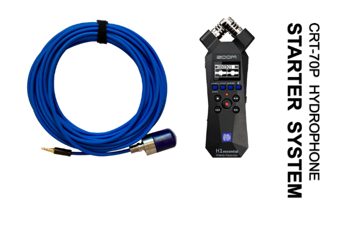 CRT-70P hydrophone starter system for product page, with hydrophone and rugged blue integral water blocked kevlar reinforced polyurethane cable, preamplifier, zoom h1essential 32-bit 96khz sample rate  recorder