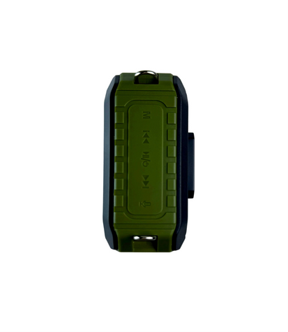Durable splash-resistant speaker, made for rugged outdoor use. Rechargeable battery and adjustable band included for hands-free use. Expand your connectivity with bluetooth capability and 3.5mm audio jack support (not included).