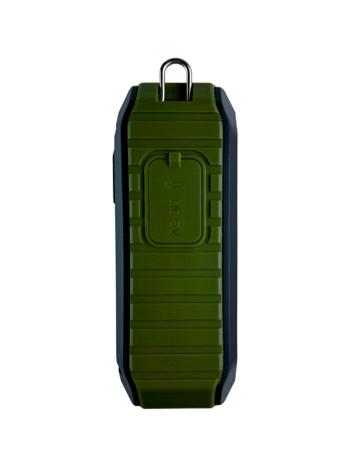 Durable splash-resistant speaker, made for rugged outdoor use. Rechargeable battery and adjustable band included for hands-free use. Expand your connectivity with bluetooth capability and 3.5mm audio jack support (not included).