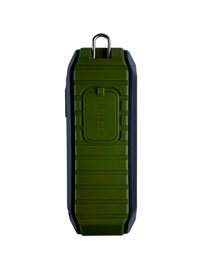 Durable splash-resistant speaker, made for rugged outdoor use. Rechargeable battery and adjustable band included for hands-free use. Expand your connectivity with bluetooth capability and 3.5mm audio jack support (not included).