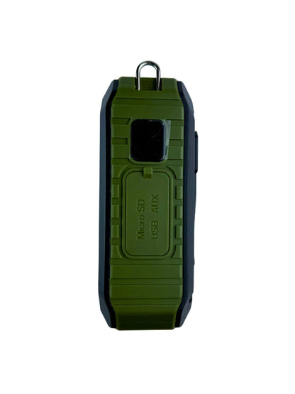 Durable splash-resistant speaker made for rugged outdoor use. Rechargeable battery and adjustable band included for hands-free use. Expand your connectivity with bluetooth capability and 3.5mm audio jack support (not included).
