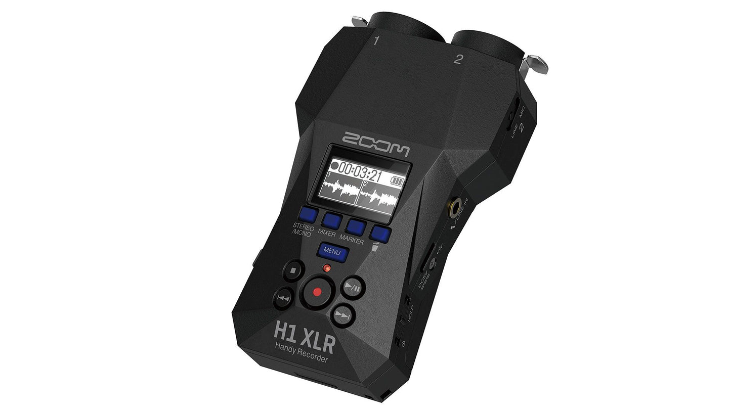 The H1 XLR is a 32-bit float audio recorder that ensures high-quality, clip-free sound with no need to set gain. 

Two tracks 
32-bit float recording
Dual A/D Converters
Records up to 96kHZ sample rate
2 XLR/TRS combo inputs with locking connector
10 hours of battery life on 2 AA battery or USB-C Bus Power
Records directly to microSDHC and microSDXC cards up to 1 TB
Recording formats:

WAV
44.1, 48 or 96 kHz / 32-bit float
Stereo / Mono
BWF and iXML formats supported
