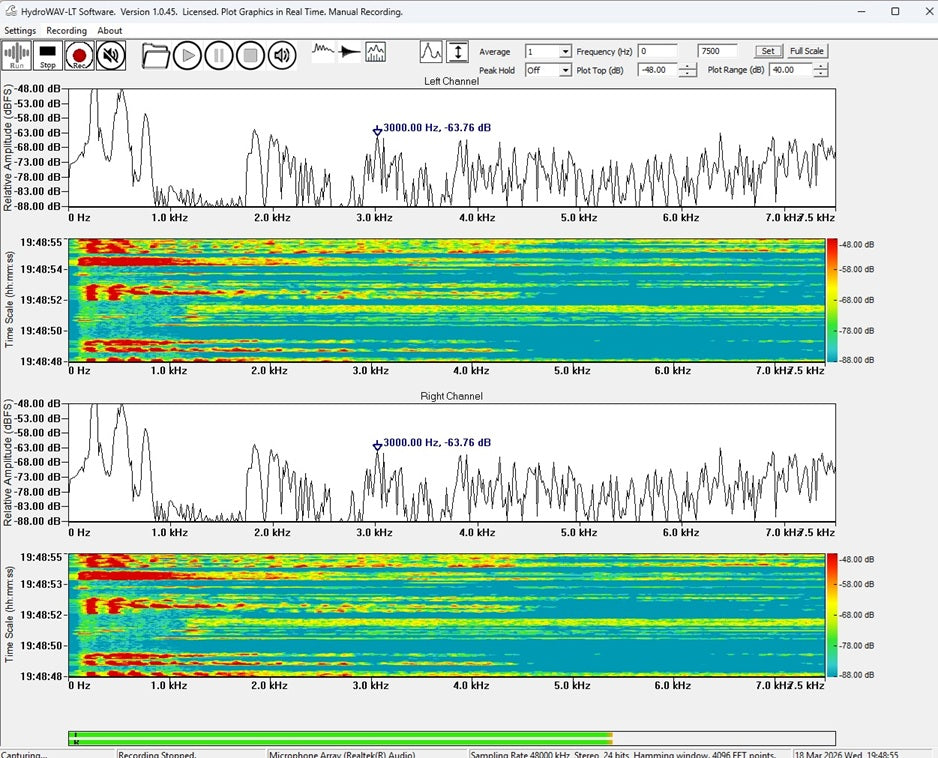 HydroWAV Underwater Signal Analysis Software is a high-performance real-time analysis software tool for underwater acoustic measurements using hydrophones. The software provides synchronized time-domain, frequency-domain, and time-frequency visualization to support field measurements, laboratory testing, and research applications. HydroWAV Software is licensed lifetime per computer.
Applications: Marine Mammal Monitoring
Environmental Noise Assessment
Underwater Noise Characterization
Vessel Radiated noise 