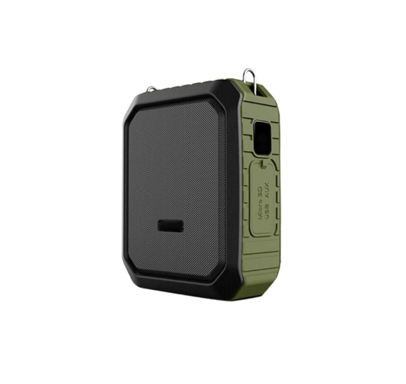 Durable splash-resistant speaker, made for rugged outdoor use. Rechargeable battery and adjustable band included for hands-free use. Expand your connectivity with bluetooth capability and 3.5mm audio jack support (not included).