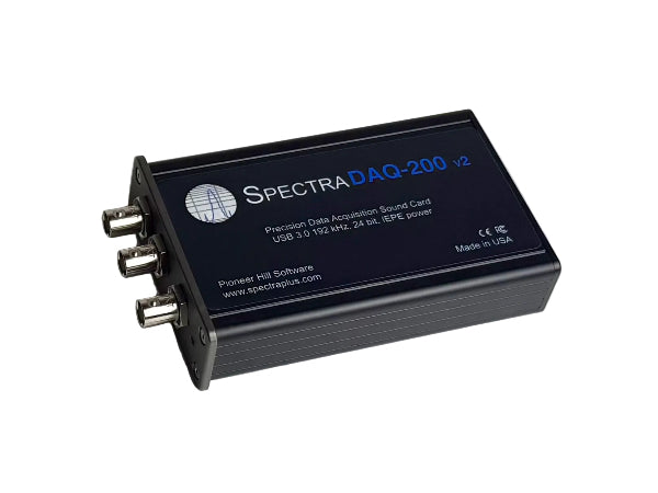 SpectraDAQ-200 is a precision data acquisition sound card configured for measurement and testing applications. In association with Pioneer Hill Software LLC, we are pleased to provide this product, which is designed for use with SpectraPLUS software. 

Housed in rugged metal case
Powered by USB 3.0
Provides 4 fixed gain steps, allowing for easy calibration
Quick and accurate calibration for hydrophones