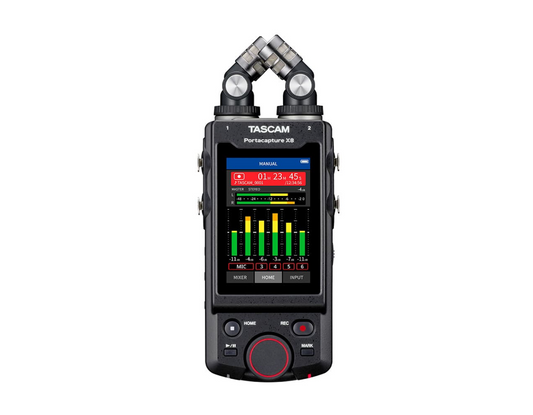 TASCAM Portacapture X8 is and 8-channel 32-bit float portable audio field recorder. It combines high-resolution sound quality with intuitive app-like control. Wireless remote control via Portacapture Control app and optional AK-BT1 Bluetooth adapter. Detachable large-diaphragm condenser mics can be configured for A-B and X-Y stereo recording.