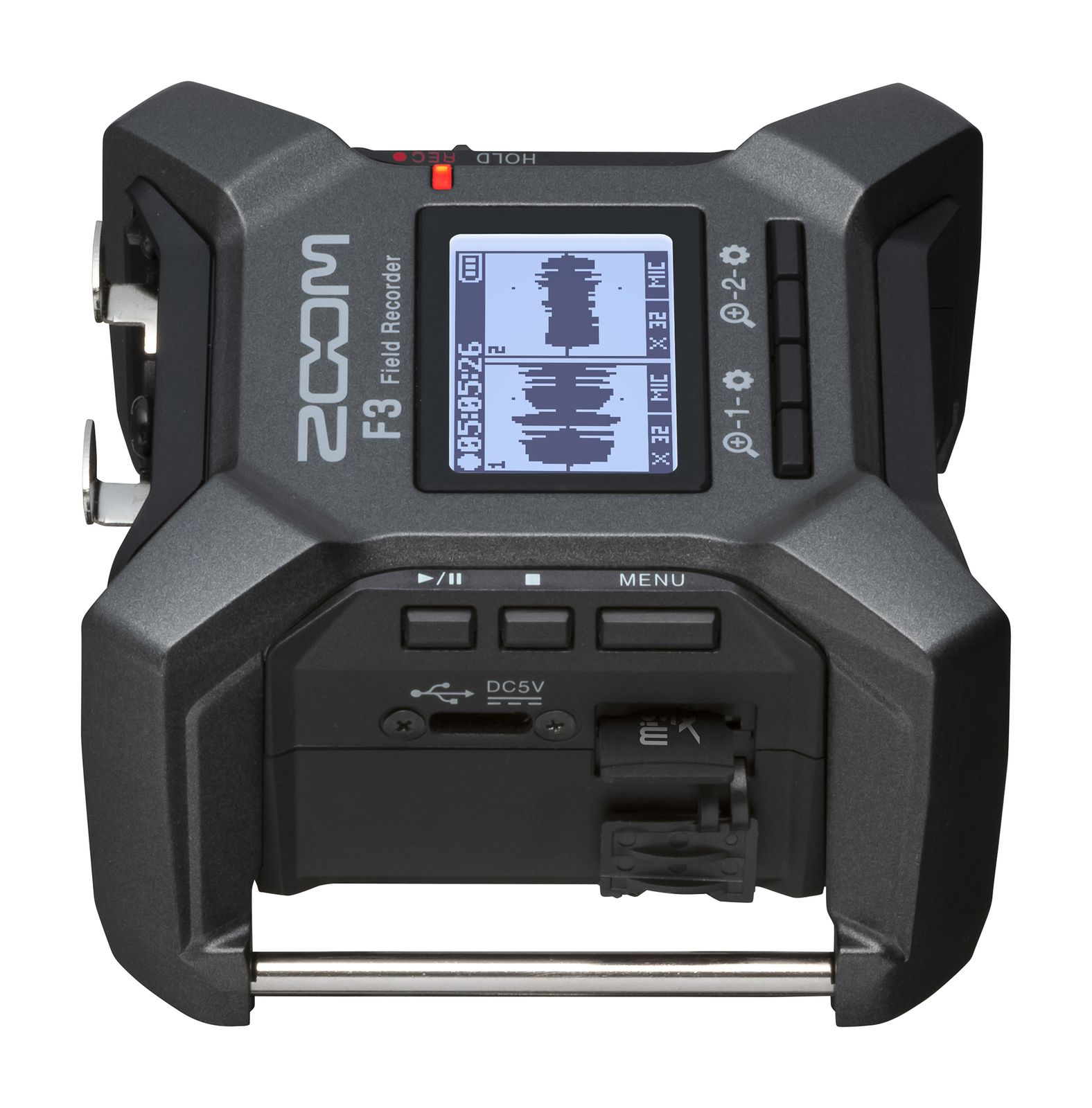 f3 zoom field recorder. This field recorder is built with durable features, captures gold quality sound, and provides ease of use without needing to adjust gain. MicroSD card sold separately.

2-channel / 2-track field audio recorder 
32-bit float recording and dual AD converters
Full dynamic range and clip-free audio capture
Waveform display on LCD
High quality mic preamps provide a super-low noise floor (−127 dBu EIN)
Over 8 hours of battery life with 2 AA batteries or USB power