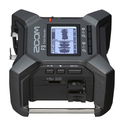 f3 zoom field recorder. This field recorder is built with durable features, captures gold quality sound, and provides ease of use without needing to adjust gain. MicroSD card sold separately.

2-channel / 2-track field audio recorder 
32-bit float recording and dual AD converters
Full dynamic range and clip-free audio capture
Waveform display on LCD
High quality mic preamps provide a super-low noise floor (−127 dBu EIN)
Over 8 hours of battery life with 2 AA batteries or USB power