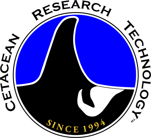 cetacean research technology logo since 1994. orca fin and saddle patch with blue background