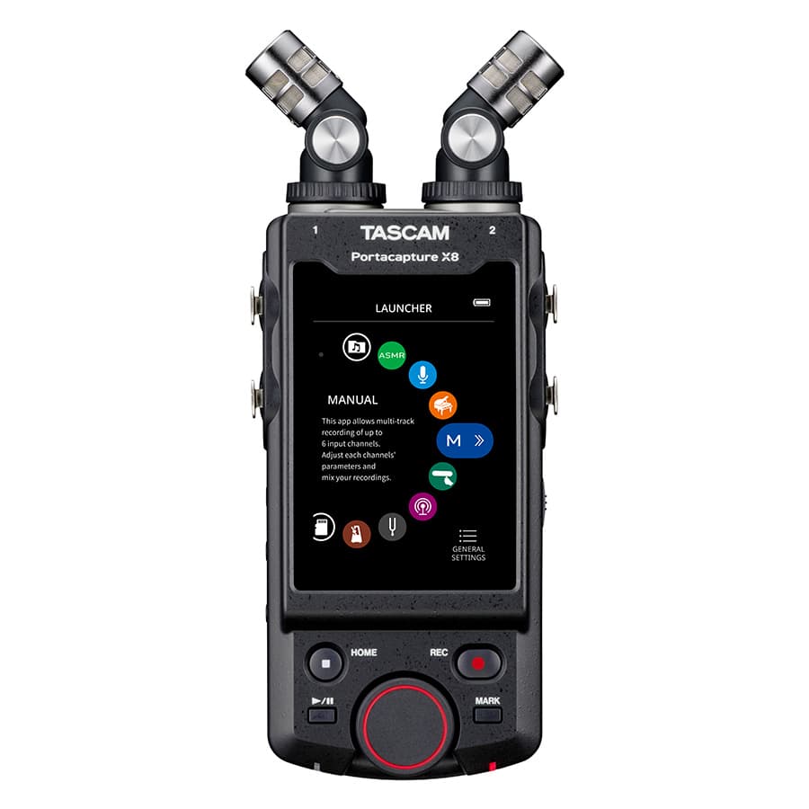 The TASCAM Portacapture X8 is and 8-channel 32-bit float portable audio field recorder. It combines high-resolution sound quality with intuitive app-like control. MicroSD card sold separately.

3.5-inch color touch panel display
4 mic/line inputs with individual phantom power accommodate practically any combination of sound sources, from microphones and line-level devices to instruments
32-bit floating point recording
Record up to 8 tracks simultaneously (6 tracks + 2 mix)
Wireless remote control via Portac