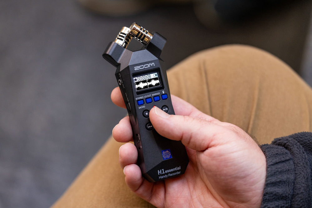 zoom H1essential handy recorder. Designed with easy use and accessibility in mind. With the push of a button, able to make quality recordings. Eliminates the need to adjust gain, simplifying your portable audio recording device experience.

32-bit float recording technology
Large dynamic range, limiting audio distortion
Built-in 120 dB SPL 90º XY Mics
Records up to 96kHZ sample rate
10 hours battery life on 2 AAA batteries or USB-C power